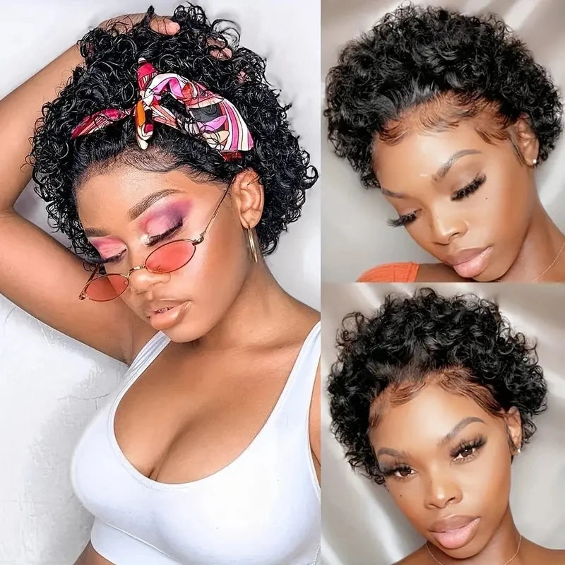 150% Density Deep Wave Pixie Wig | Natural Human Hair & Pre-Plucked Lace Front | Short Curly Style for Women