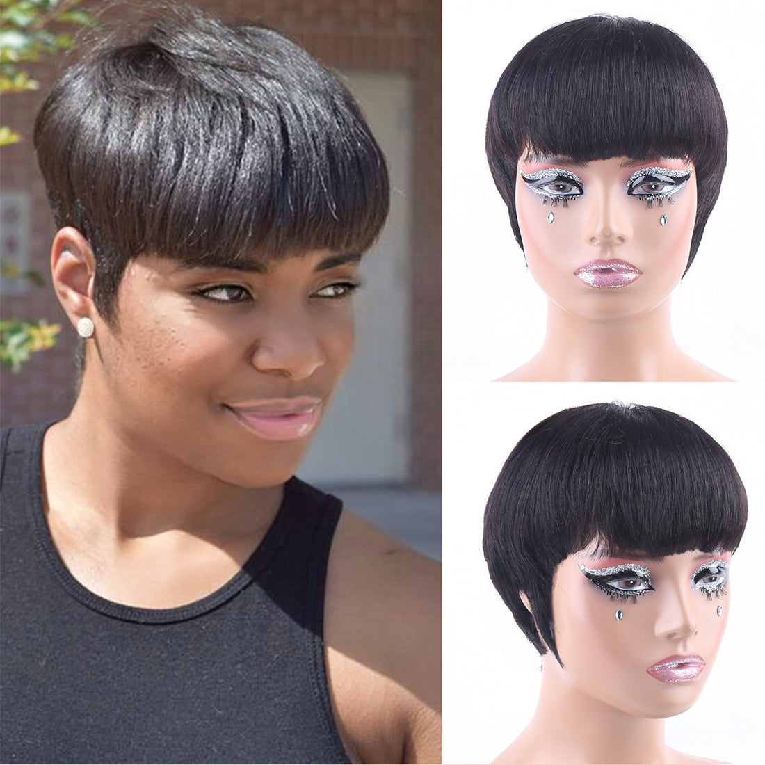 Pixie Cut Wig Human Hair with Bangs for Women 150% Density Brazilian Remy Hair Easy to Wear Short Human Hair Wig