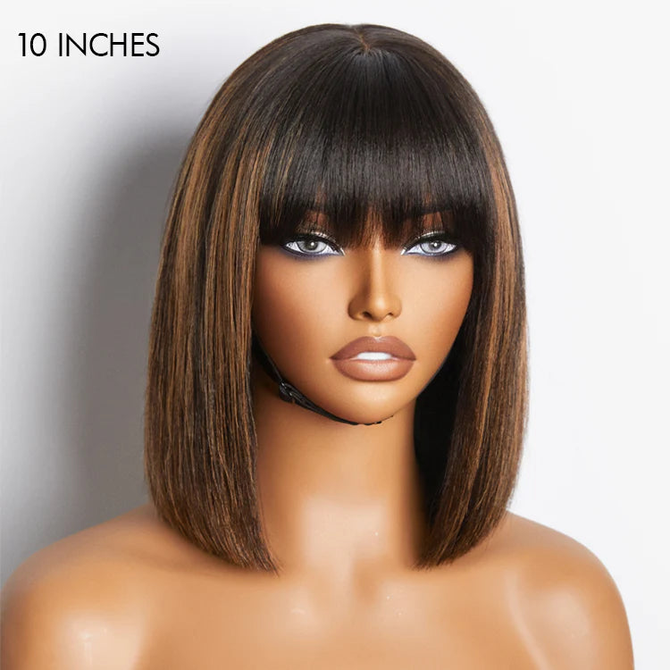 Highligt Short Bob Wig with Bangs Straight Human Hair Glueless Lace Bob Wig Ready to Go Wigs
