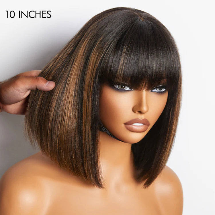 Highligt Short Bob Wig with Bangs Straight Human Hair Glueless Lace Bob Wig Ready to Go Wigs