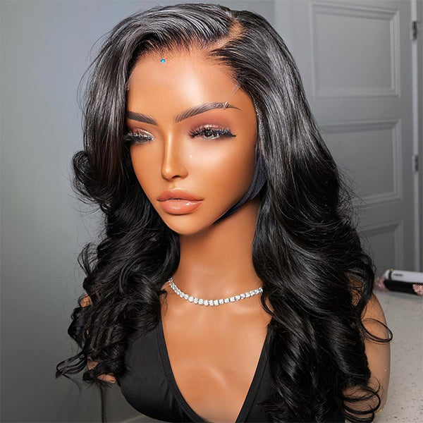 Natural Black Body Wave 4x4 Closure Lace Glueless Long Wig 100% Human Hair