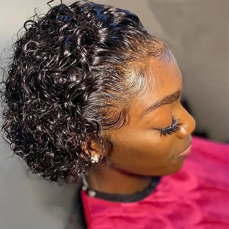 150% Density Deep Wave Pixie Wig | Natural Human Hair & Pre-Plucked Lace Front | Short Curly Style for Women