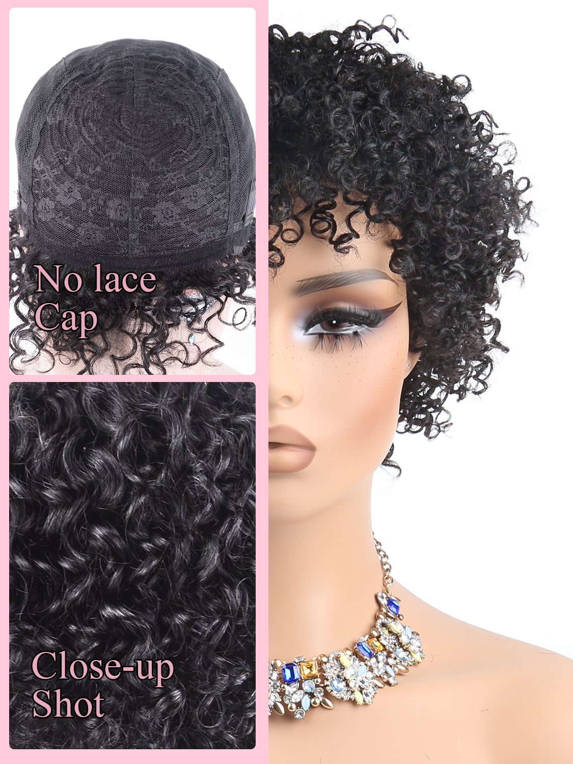 Curly Pixie Cut Wig Human Hair with Bangs Glueless Human Hair Bob with Bangs Wig, Ready to Go Black Short Wigs For Women