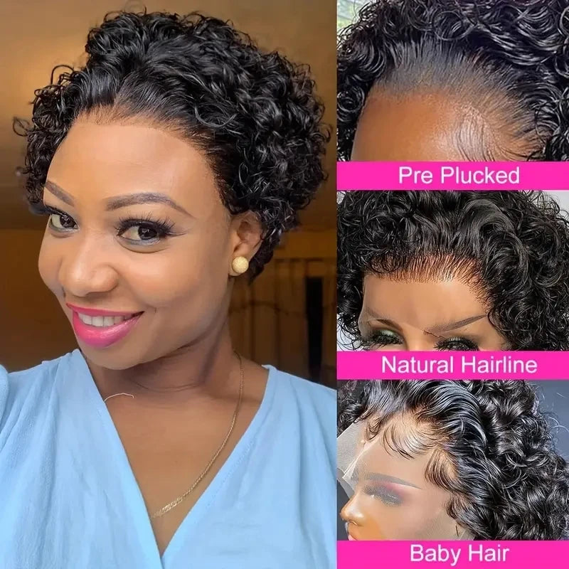 150% Density Deep Wave Pixie Wig | Natural Human Hair & Pre-Plucked Lace Front | Short Curly Style for Women