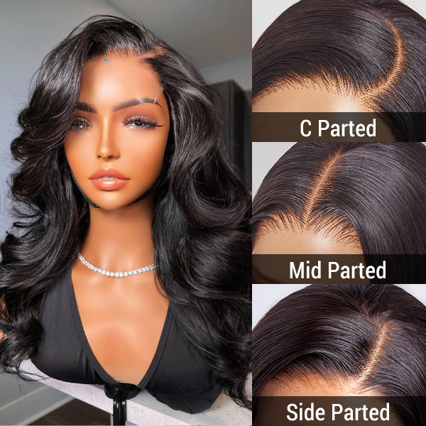 Super Easy Natural Black Body Wave 4x4 Closure Lace Glueless Mid Part Long Wig 100% Human Hair