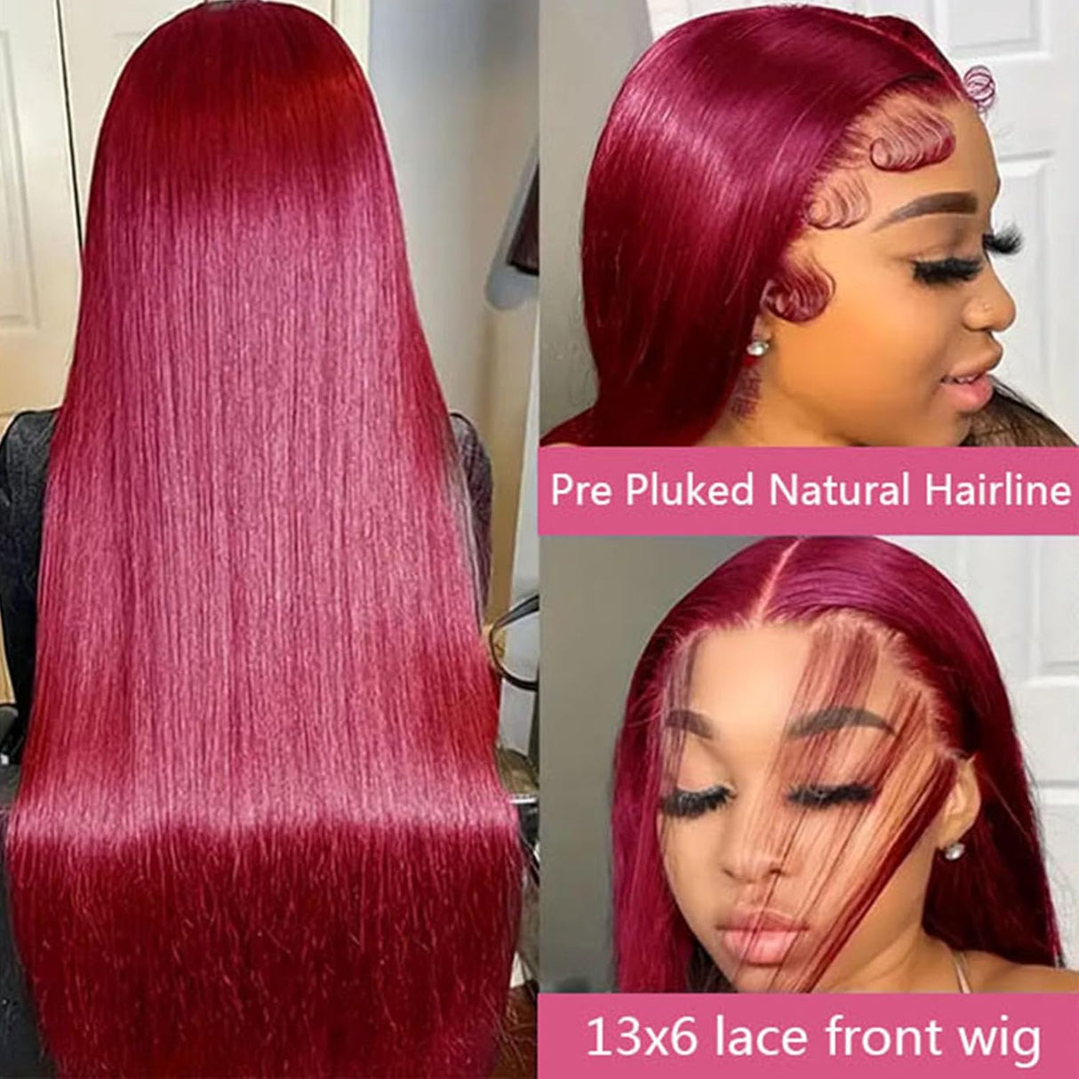 Glueless Wear and Go Wig Straight 99j Burgundy Lace Front Wigs Human Hair 180% Density