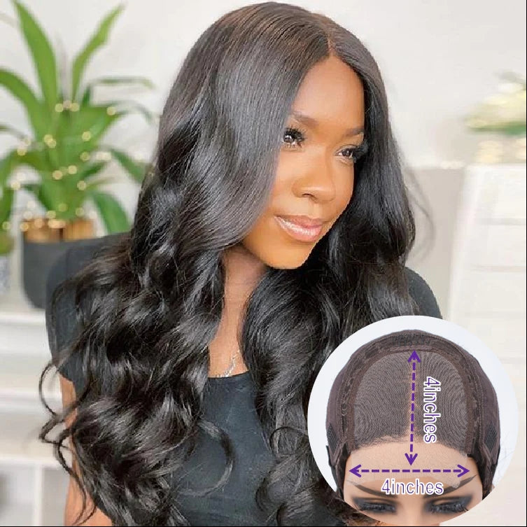 Natural Black Body Wave 4x4 Closure Lace Glueless Long Wig 100% Human Hair