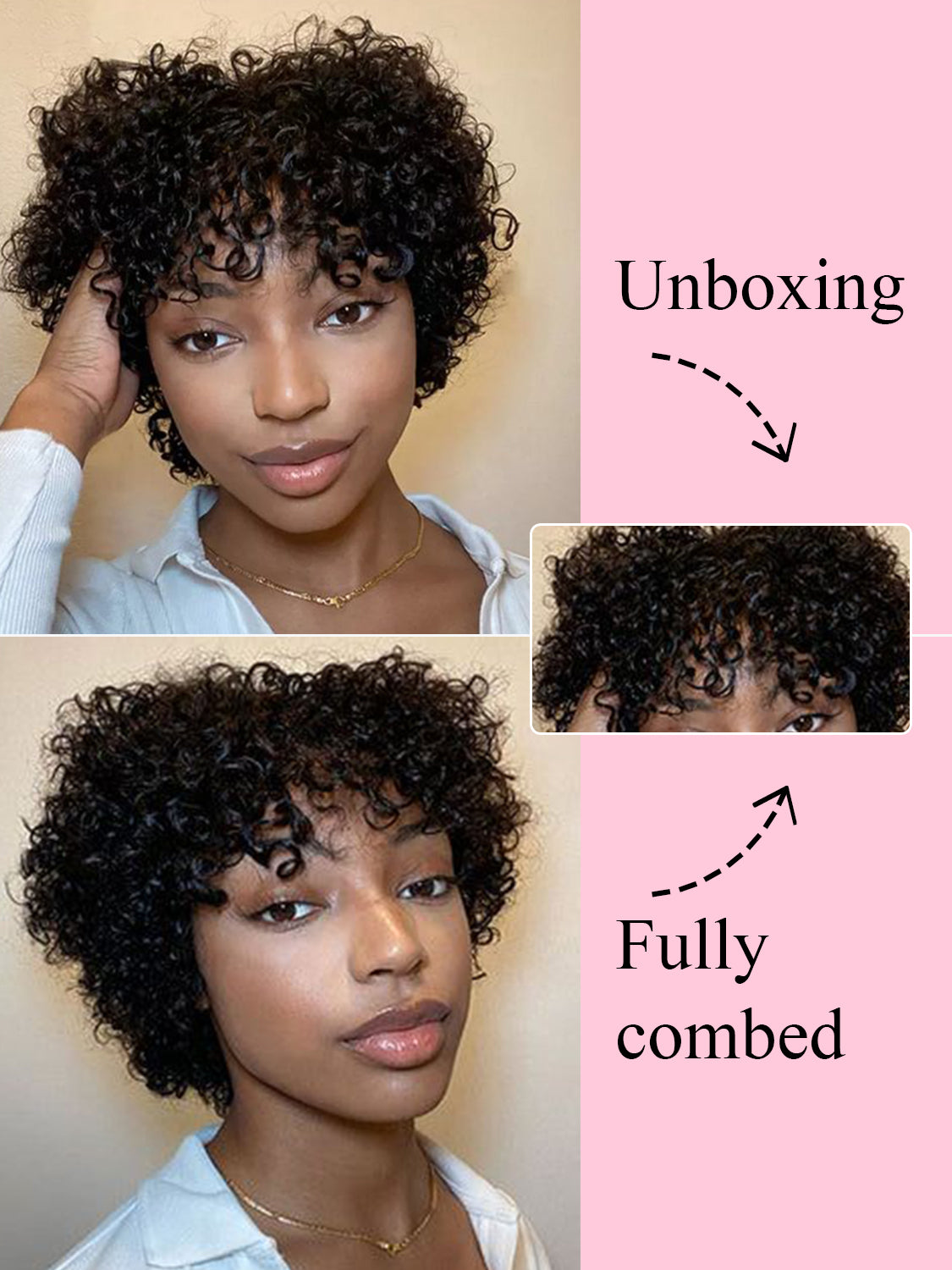 Curly Pixie Cut Wig Human Hair with Bangs Glueless Human Hair Bob with Bangs Wig, Ready to Go Black Short Wigs For Women