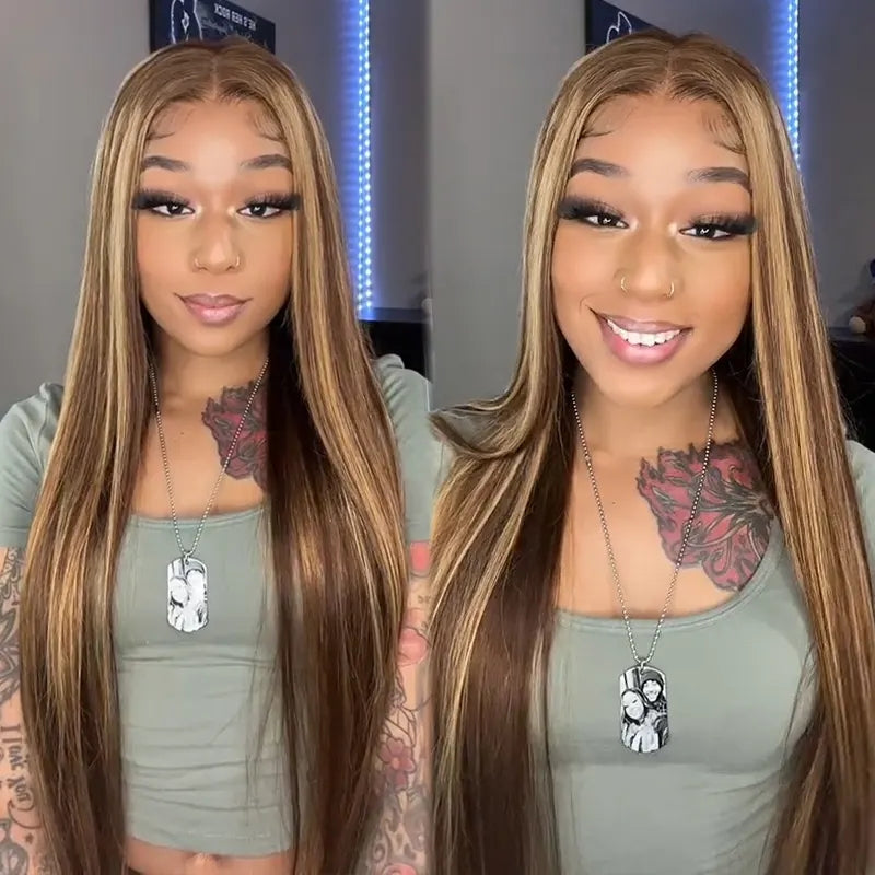 Wear & Go Highlight Brown Wigs Silky Straight Pre-plucked Glueless Lace Wigs