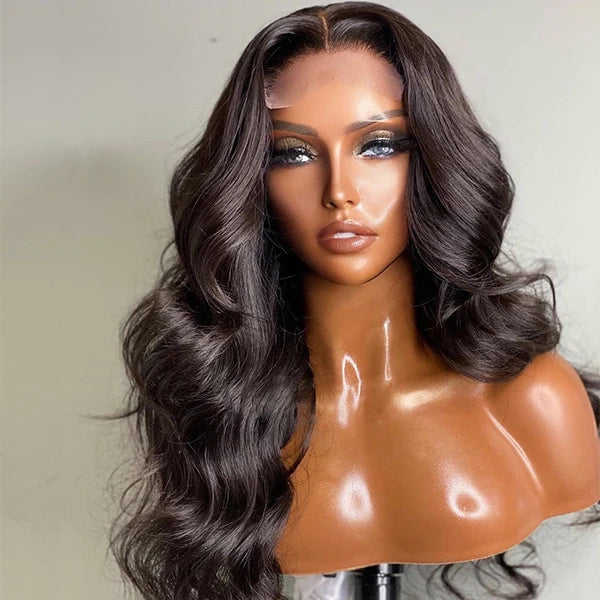 Natural Black Body Wave 4x4 Closure Lace Glueless Long Wig 100% Human Hair