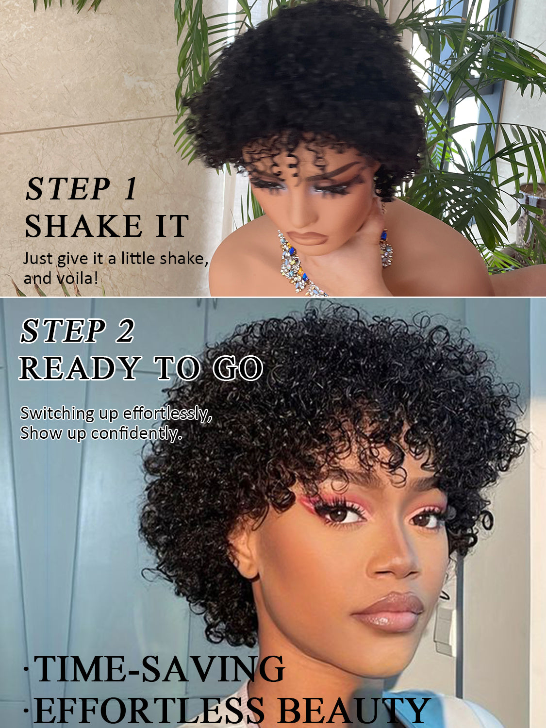 Curly Pixie Cut Wig Human Hair with Bangs Glueless Human Hair Bob with Bangs Wig, Ready to Go Black Short Wigs For Women