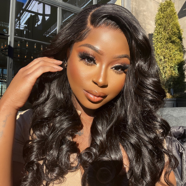 Super Easy Natural Black Body Wave 4x4 Closure Lace Glueless Mid Part Long Wig 100% Human Hair