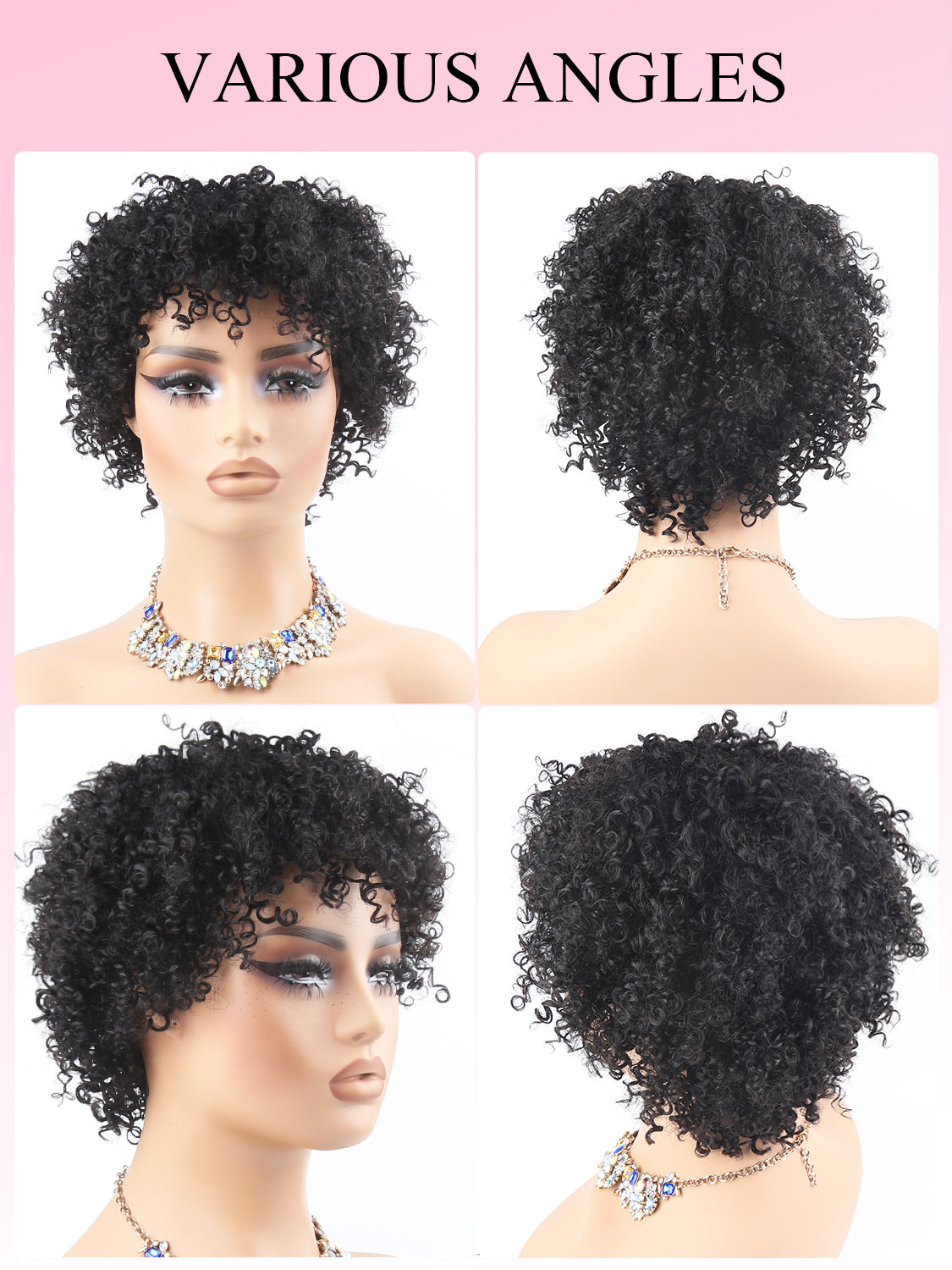 Curly Pixie Cut Wig Human Hair with Bangs Glueless Human Hair Bob with Bangs Wig, Ready to Go Black Short Wigs For Women