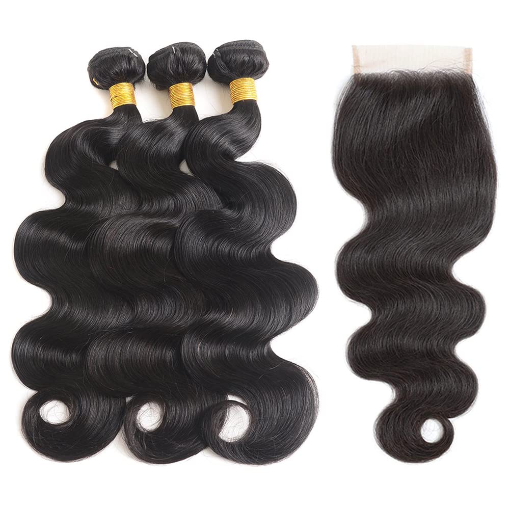 3 Bundles Human Hair Bundles with 4x4 Lace Closure Natural Color Body Wave