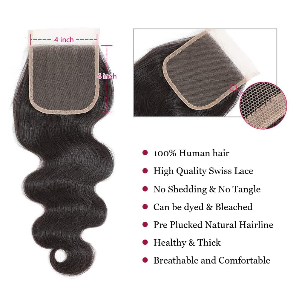 3 Bundles Human Hair Bundles with 4x4 Lace Closure Natural Color Body Wave