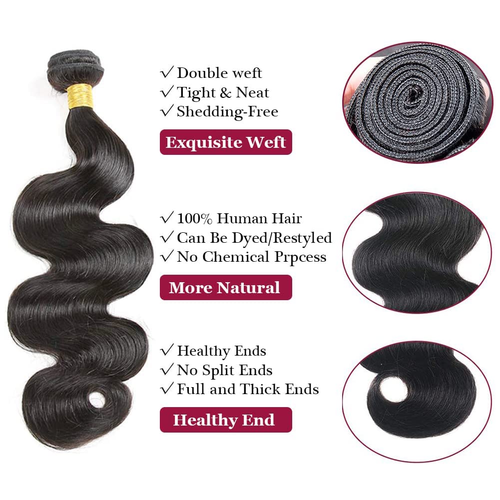 3 Bundles Human Hair Bundles with 4x4 Lace Closure Natural Color Body Wave