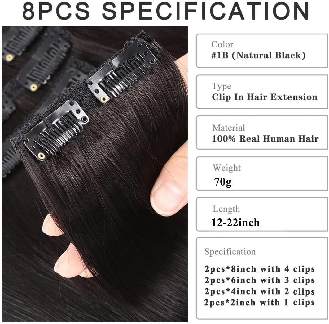 Straight Clip in Hair Extensions 100% Human Hair Clip in Hair Extensions for Women 8pcs/Set Natural Black