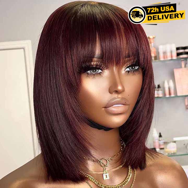 Glueless Layer Cut Straight Bob Burgundy Dark Red With Bangs Human Hair Wigs