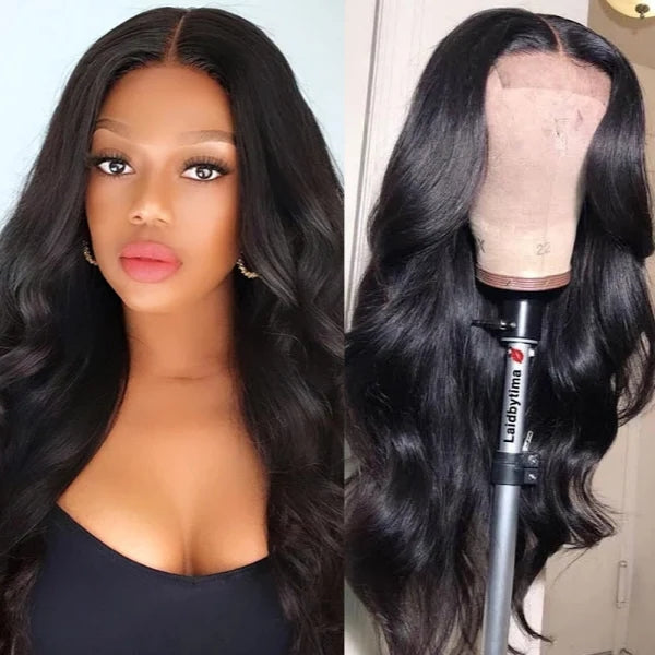 Super Easy Natural Black Body Wave 4x4 Closure Lace Glueless Mid Part Long Wig 100% Human Hair