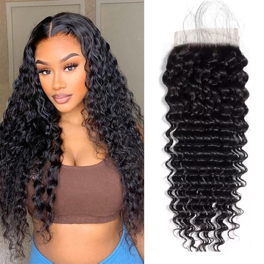4x4 Deep Wave Human Hair Closure Natural Black Hair Top Swiss Lace