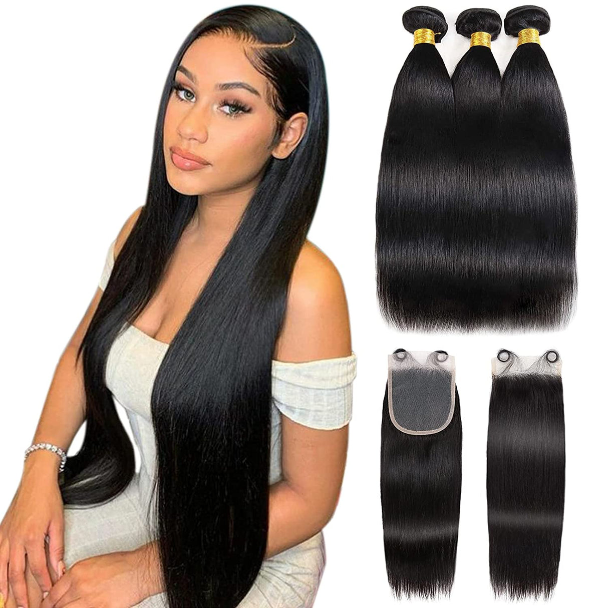 3 Bundles Human Hair Bundles with 4x4 Lace Closure Straight Hair