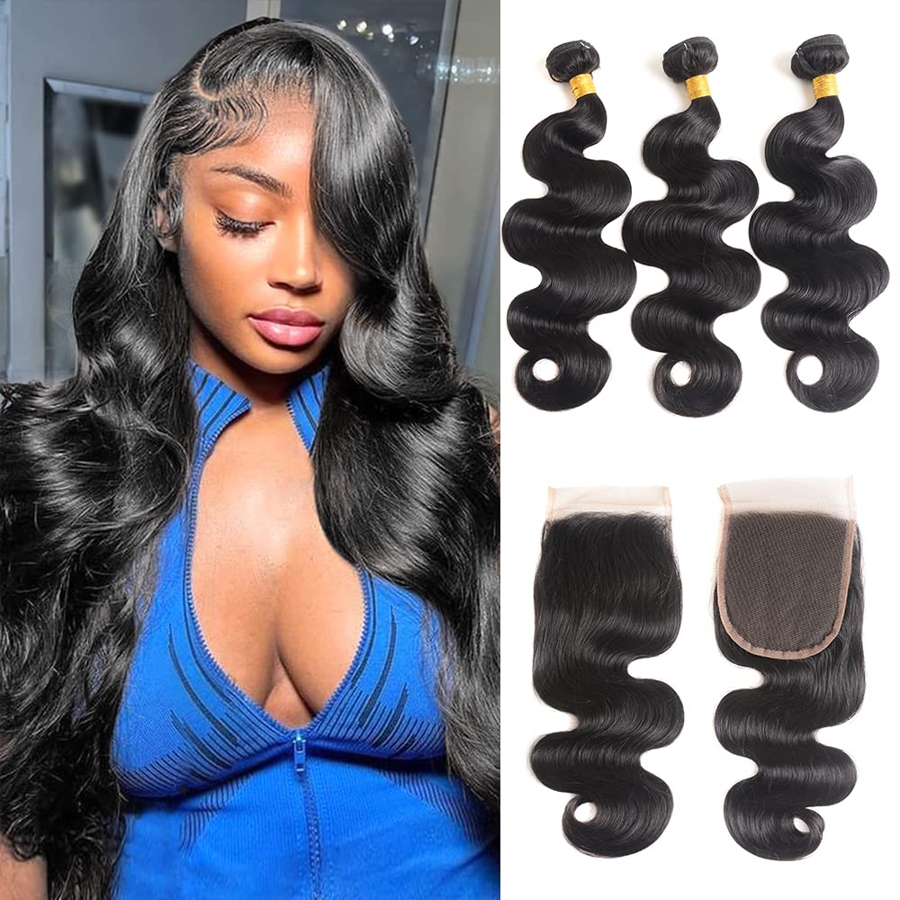 3 Bundles Human Hair Bundles with 4x4 Lace Closure Natural Color Body Wave