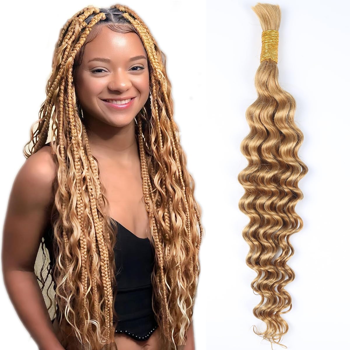 Human Braiding Hair for Boho Braids Deep Wave Bulk Human Hair for Braiding 2 Bundles 100G 100% Brazilian Wet and Wavy Curly Human Hair Braiding Hair Extensions Honey Blonde No Weft Bundles