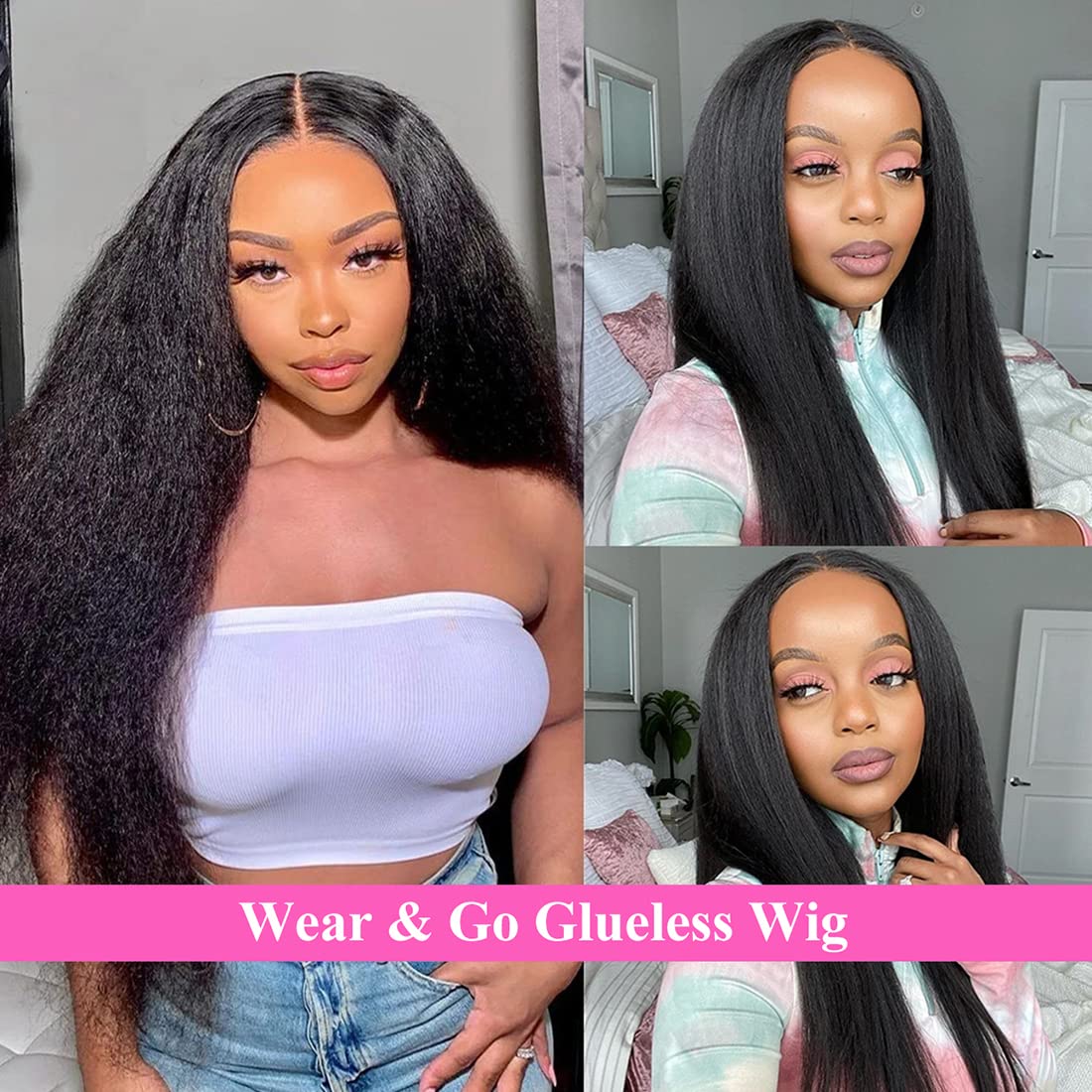 Kinky Straight Wear & Go Highlight Brown Wigs Pre-plucked Glueless Lace Wigs