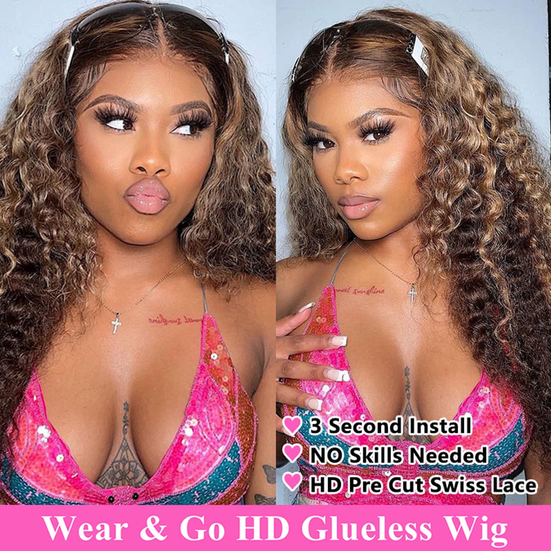 Wear & Go Highlight Brown Wigs Deep Wave Pre-plucked Glueless Lace Wigs