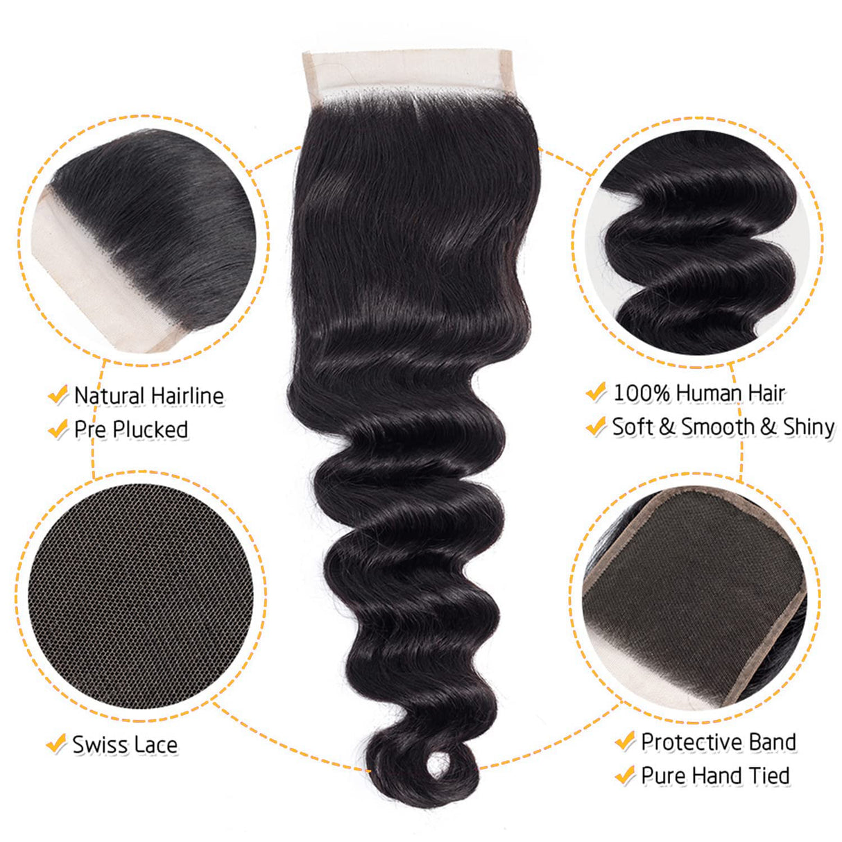 Brazilian Loose Deep Wave Human Hair Lace Closure Natural Black