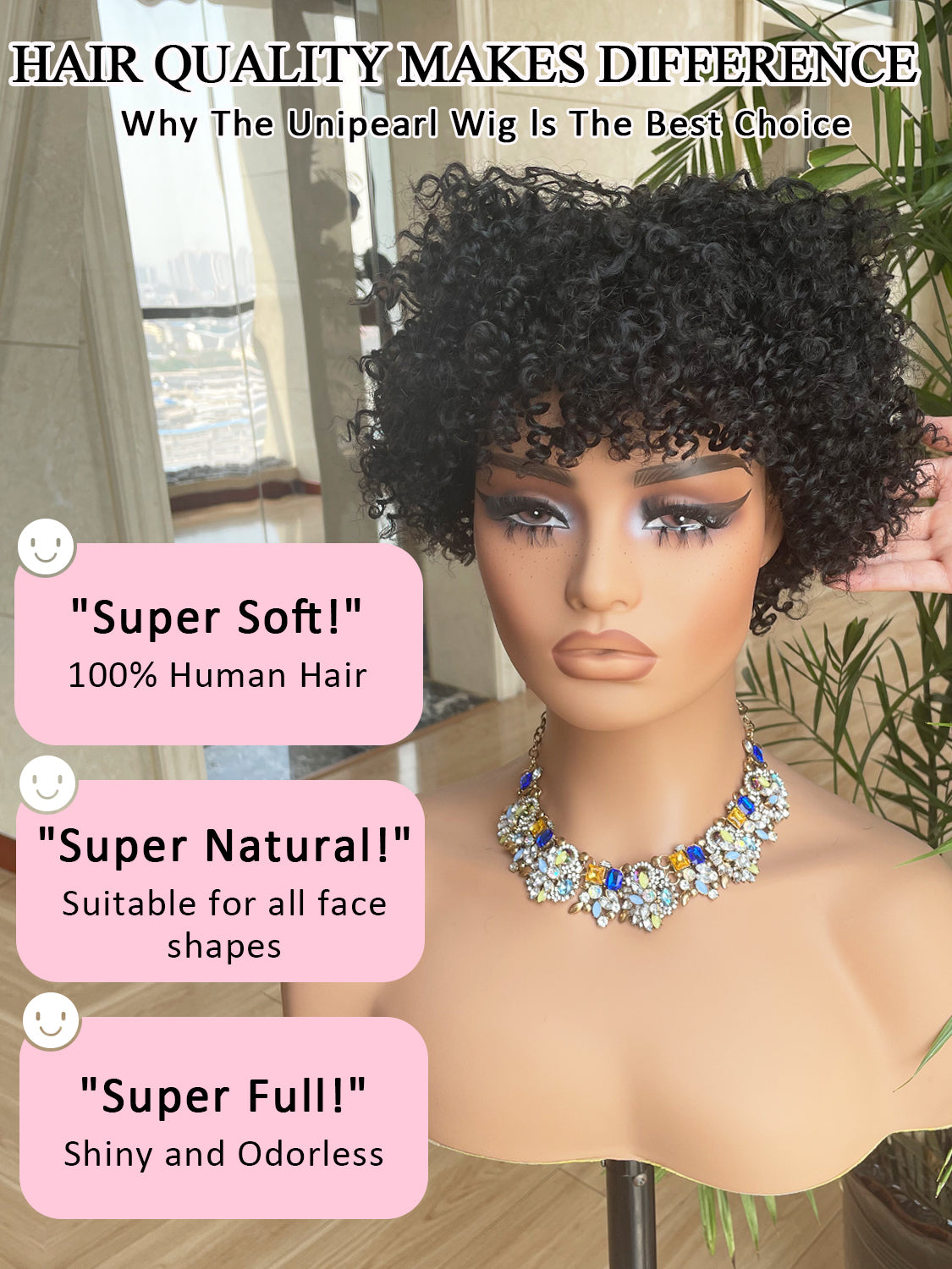 Curly Pixie Cut Wig Human Hair with Bangs Glueless Human Hair Bob with Bangs Wig, Ready to Go Black Short Wigs For Women