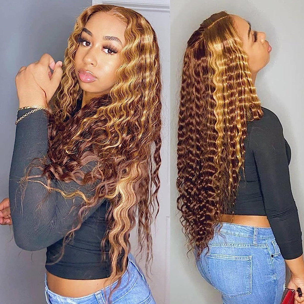 Wear & Go Highlight Brown Wigs Deep Wave Pre-plucked Glueless Lace Wigs