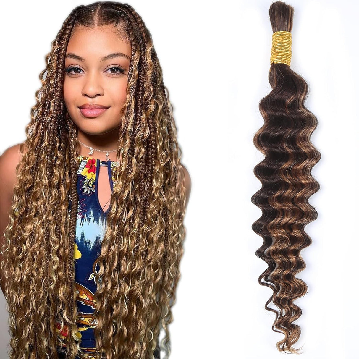 Human Braiding Hair for Boho Braids Deep Wave Bulk Human Hair for Braiding 2 Bundles 100G 100% Brazilian Wet and Wavy Curly Human Hair Braiding Hair Extensions Honey Blonde No Weft Bundles