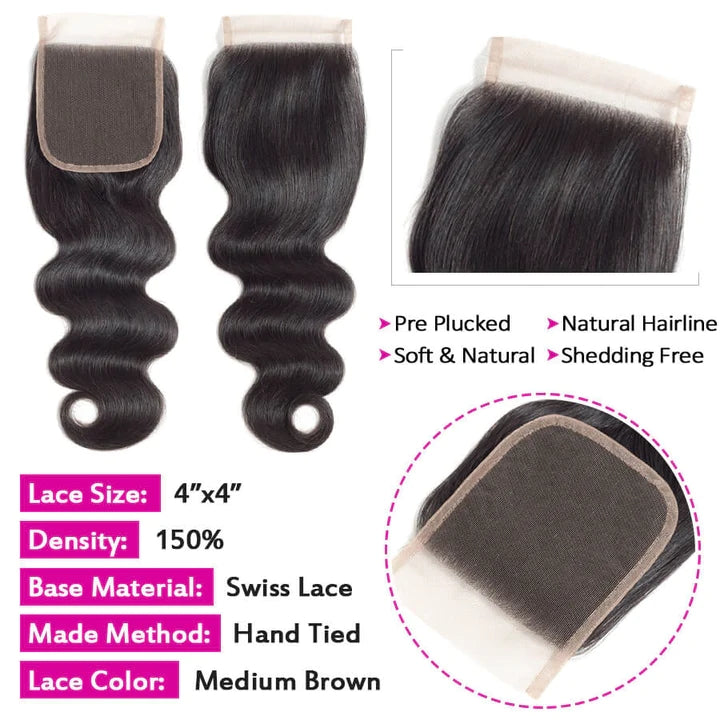 4x4 HD Transparent Lace Closure Body Wave Human Hair Closure Natural Black Hair Top Swiss Lace