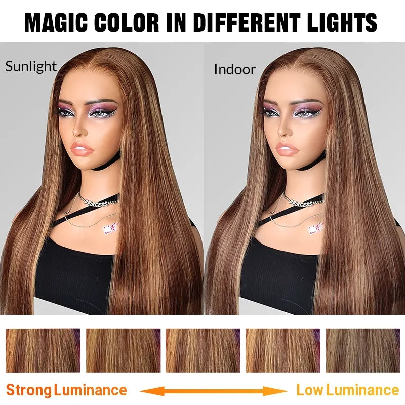 Wear & Go Highlight Brown Wigs Silky Straight Pre-plucked Glueless Lace Wigs