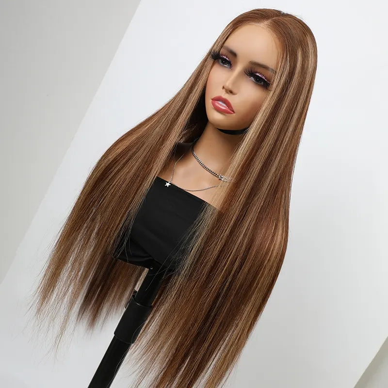 Wear & Go Highlight Brown Wigs Silky Straight Pre-plucked Glueless Lace Wigs