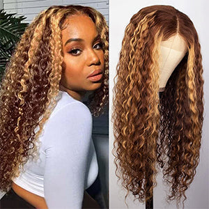 Highlight Water Wave 4x4 Lace Front Wigs Brazilian Virgin Human Hair Wigs 4/27 180% Density