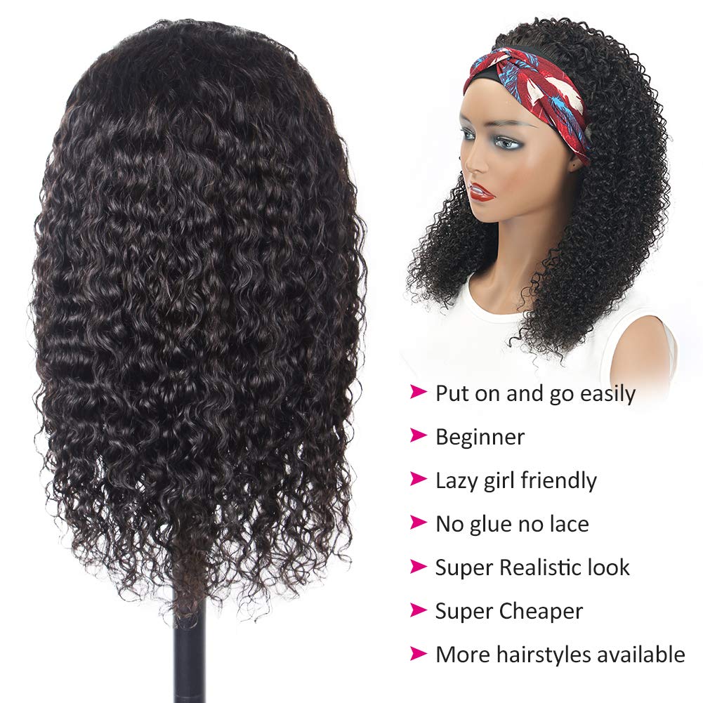 Headband Wig Kinky Curly Human Hair Wigs for Black Women 180% Density