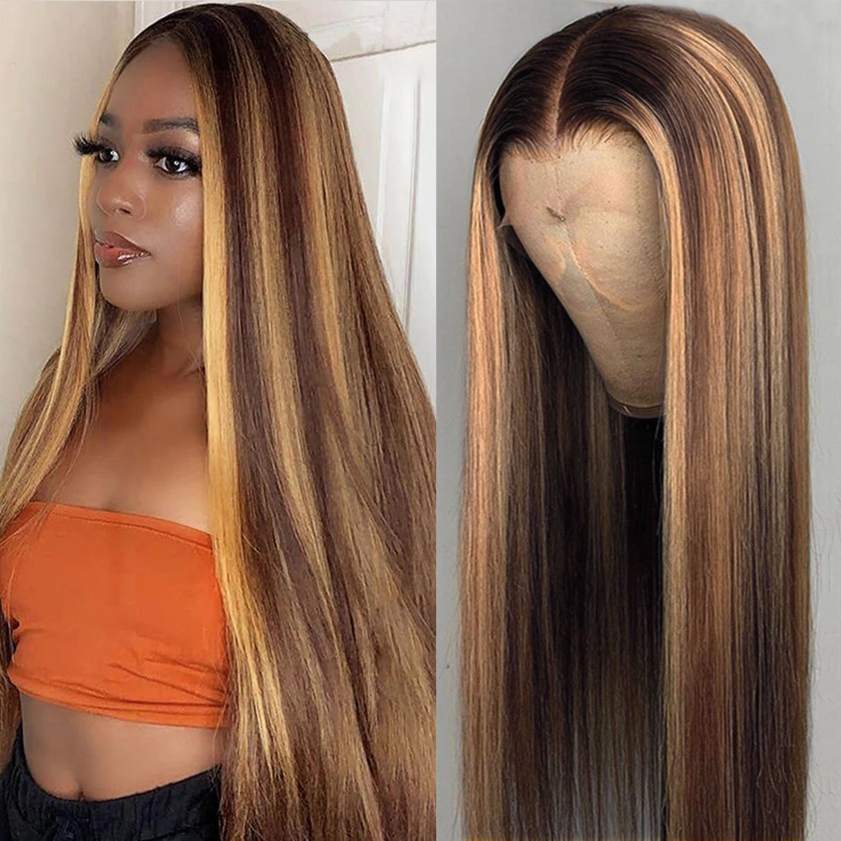 Straight 13x1 P4/27 Highlight Lace Front Wigs Human Hair Transparent HD Lace Wigs 150% -200%Density