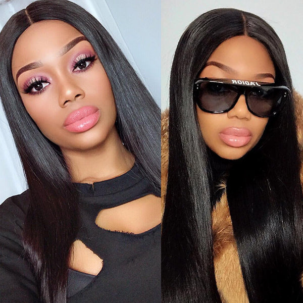 Straight 4x4 Closure Lace Glueless Mid Part Long Wig 100% Human Hair 16-30inches