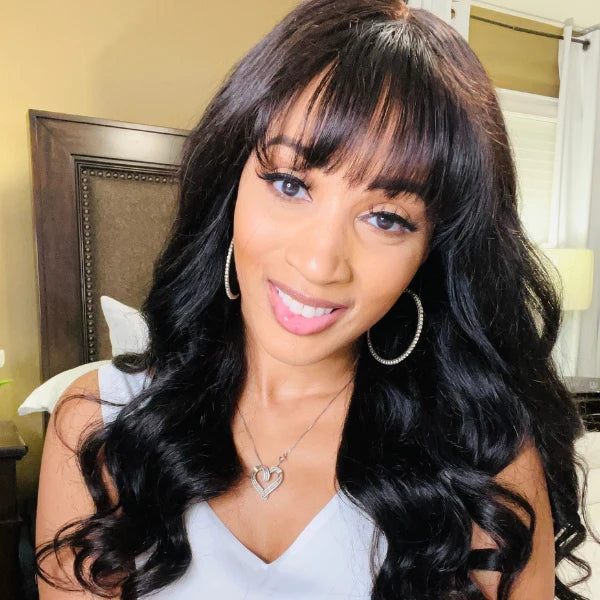 Loose Wave 5x5 Closure Lace Glueless Long Wig With Cute Bangs 100% Human Hair | Face-Framing