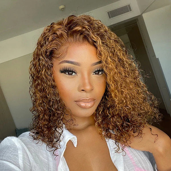 Mix Color Brown Curly Bob Wig Compact 13X4 Frontal Short Lace Wig 100% Human Hair