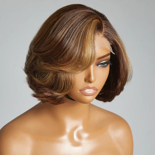 Toffee Brown Mix Blonde 4x4 Closure Lace Glueless C Part Short Wig 100% Human Hair