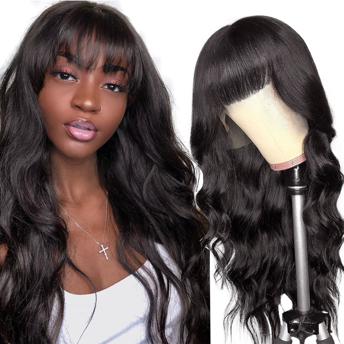Body Wave Human Hair Wigs with Bangs None Lace Front Wigs Natural Color