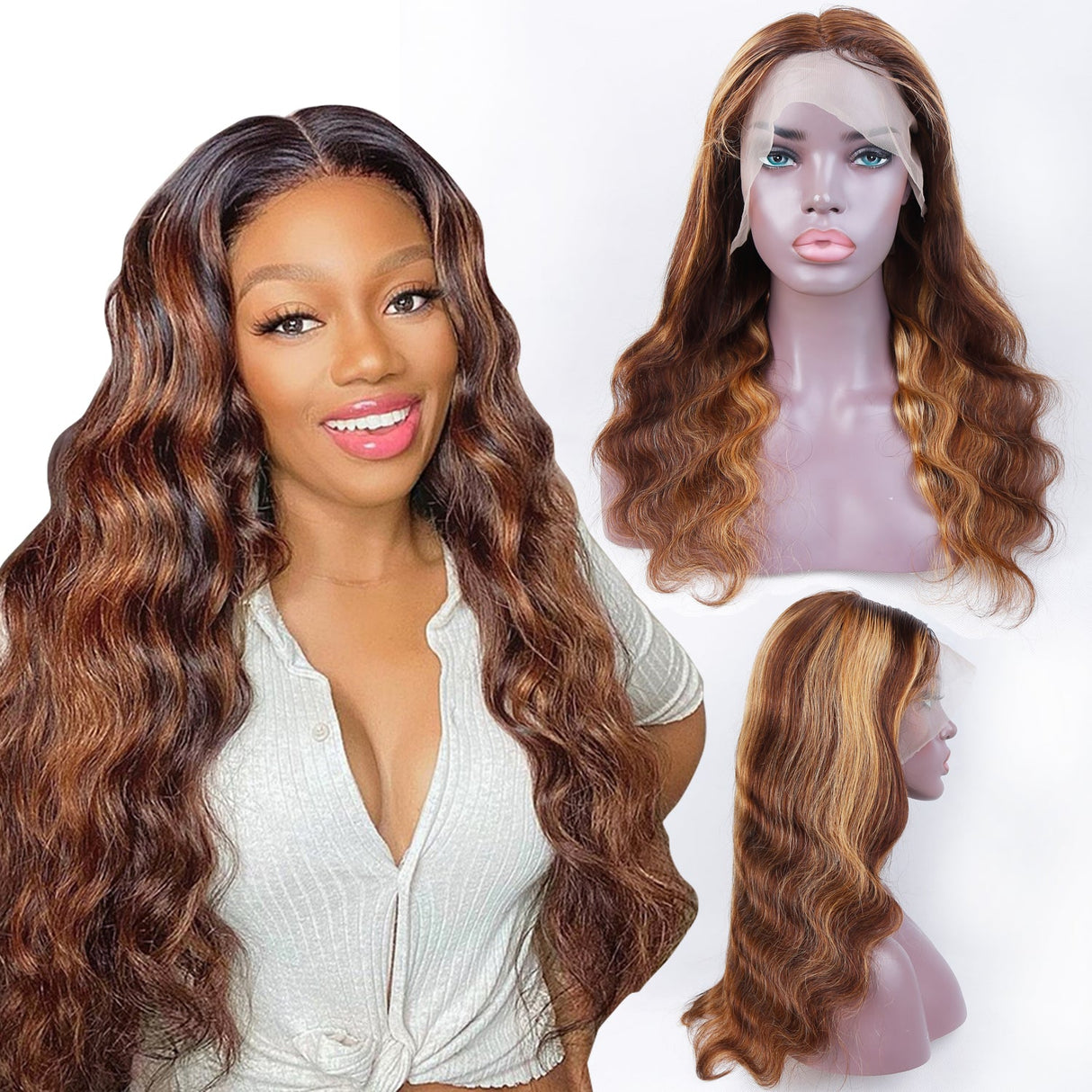 Highlight Body Wave P4/27 Human Hair 13x1 T Part Wigs Lace Front Wigs 150% Density