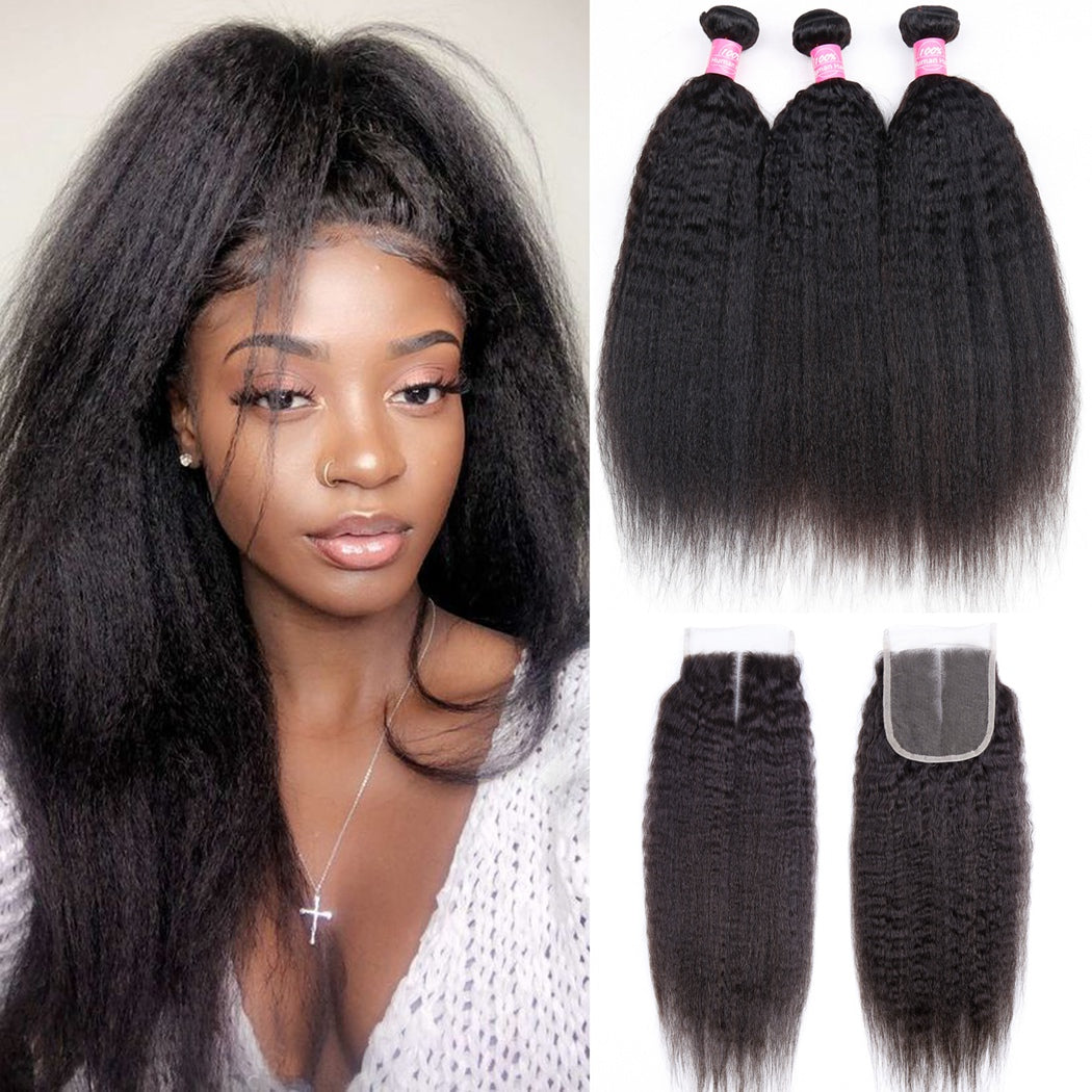 Kinky Straight Bundles With Closure Brazilian Human Hair Natural Black