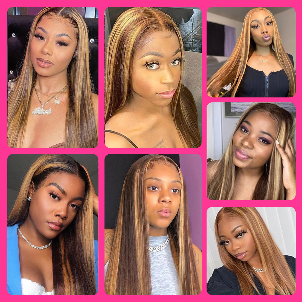 Straight 13x1 P4/27 Highlight Lace Front Wigs Human Hair Transparent HD Lace Wigs 150% -200%Density