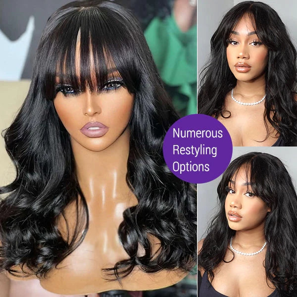 Loose Wave 5x5 Closure Lace Glueless Long Wig With Cute Bangs 100% Human Hair | Face-Framing
