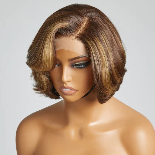 Toffee Brown Mix Blonde 4x4 Closure Lace Glueless C Part Short Wig 100% Human Hair