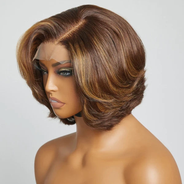 Toffee Brown Mix Blonde 4x4 Closure Lace Glueless C Part Short Wig 100% Human Hair